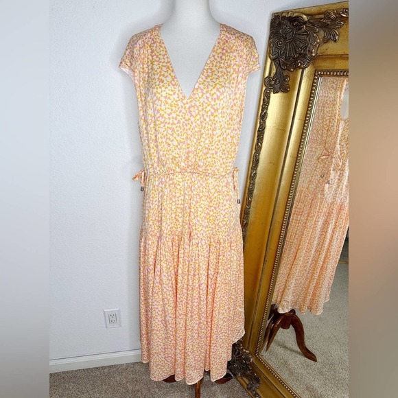 New Nordstrom Signature Silk Blend Orange Pink Print Midaxi Dress Size Medium - Picture 1 of 9